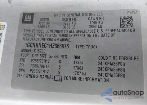 2017 Chevrolet Silverado 1500 Wt z USA, uszkodzony, nr VIN 1GCNKNEC1HZ366976